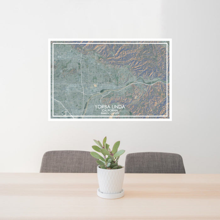 24x36 Yorba Linda California Map Print Lanscape Orientation in Afternoon Style Behind 2 Chairs Table and Potted Plant