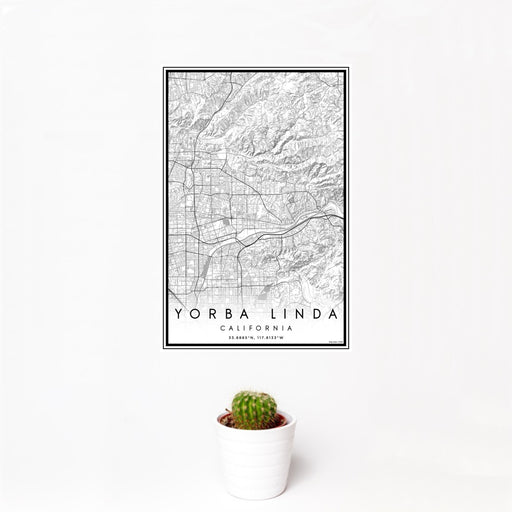 12x18 Yorba Linda California Map Print Portrait Orientation in Classic Style With Small Cactus Plant in White Planter