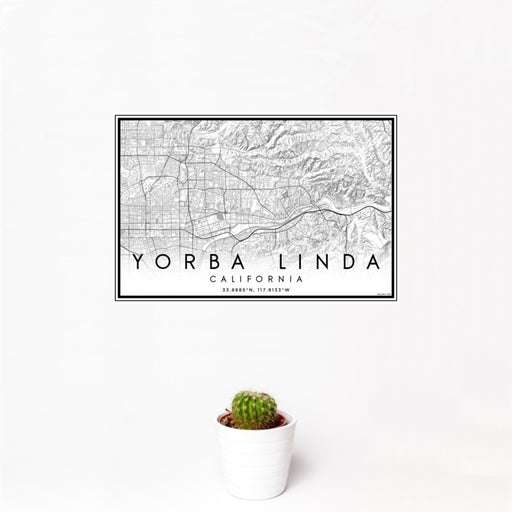 12x18 Yorba Linda California Map Print Landscape Orientation in Classic Style With Small Cactus Plant in White Planter
