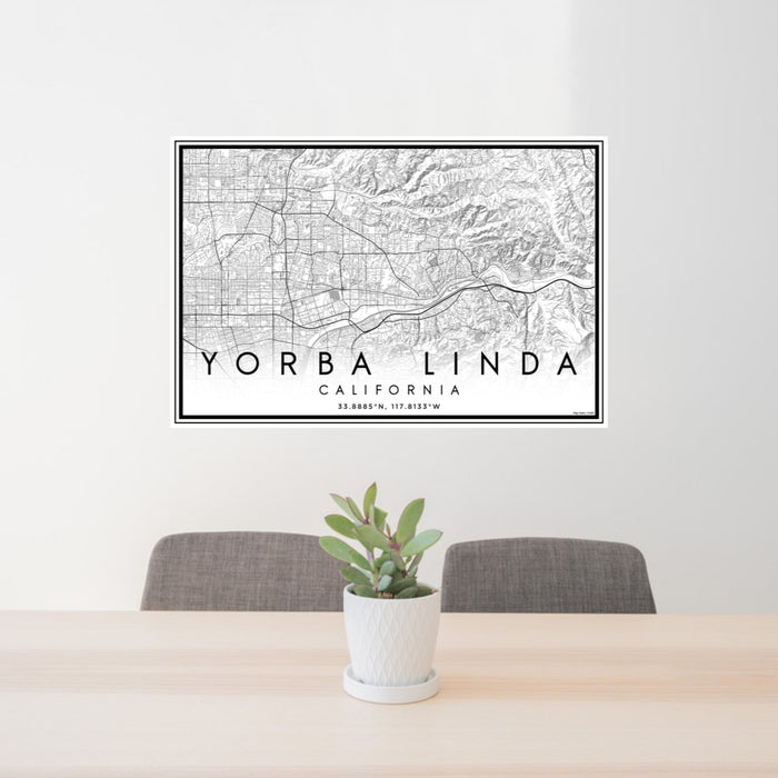 24x36 Yorba Linda California Map Print Landscape Orientation in Classic Style Behind 2 Chairs Table and Potted Plant