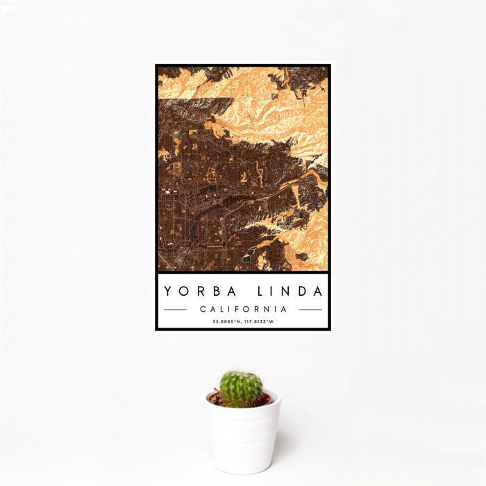 12x18 Yorba Linda California Map Print Portrait Orientation in Ember Style With Small Cactus Plant in White Planter