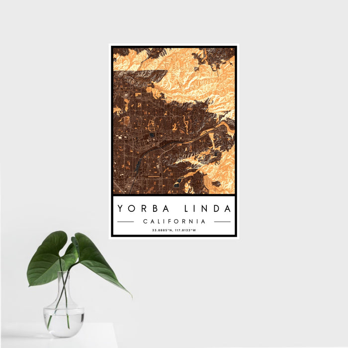 16x24 Yorba Linda California Map Print Portrait Orientation in Ember Style With Tropical Plant Leaves in Water