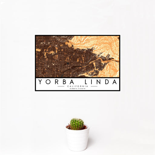 12x18 Yorba Linda California Map Print Landscape Orientation in Ember Style With Small Cactus Plant in White Planter