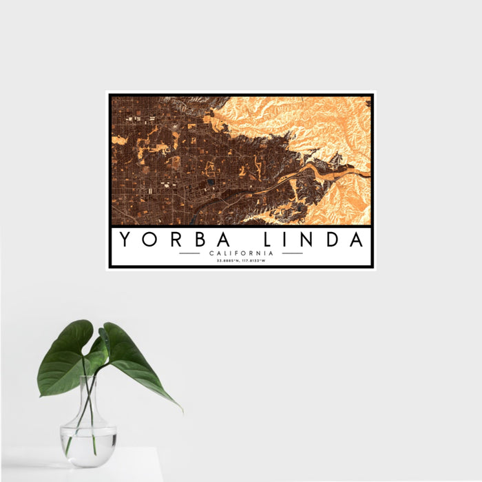16x24 Yorba Linda California Map Print Landscape Orientation in Ember Style With Tropical Plant Leaves in Water