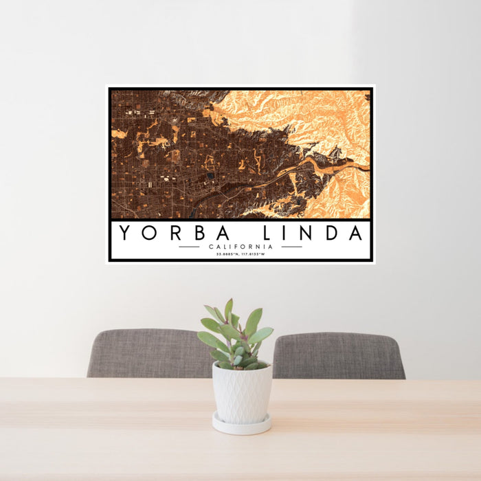 24x36 Yorba Linda California Map Print Landscape Orientation in Ember Style Behind 2 Chairs Table and Potted Plant