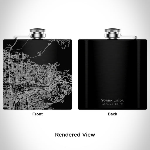 Rendered View of Yorba Linda California Map Engraving on 6oz Stainless Steel Flask in Black