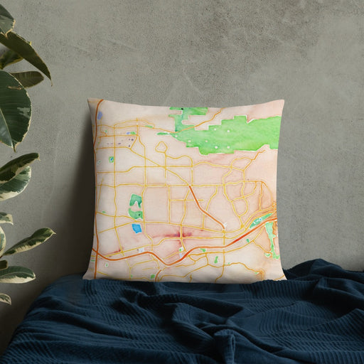 Custom Yorba Linda California Map Throw Pillow in Watercolor on Bedding Against Wall