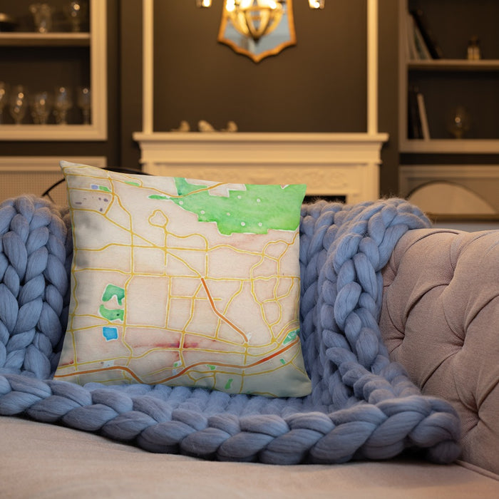 Custom Yorba Linda California Map Throw Pillow in Watercolor on Cream Colored Couch