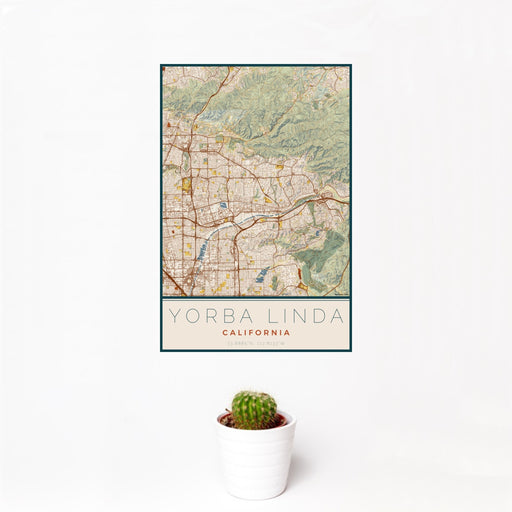 12x18 Yorba Linda California Map Print Portrait Orientation in Woodblock Style With Small Cactus Plant in White Planter
