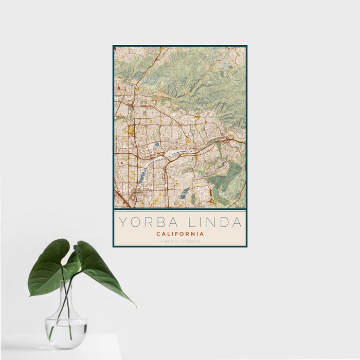 16x24 Yorba Linda California Map Print Portrait Orientation in Woodblock Style With Tropical Plant Leaves in Water