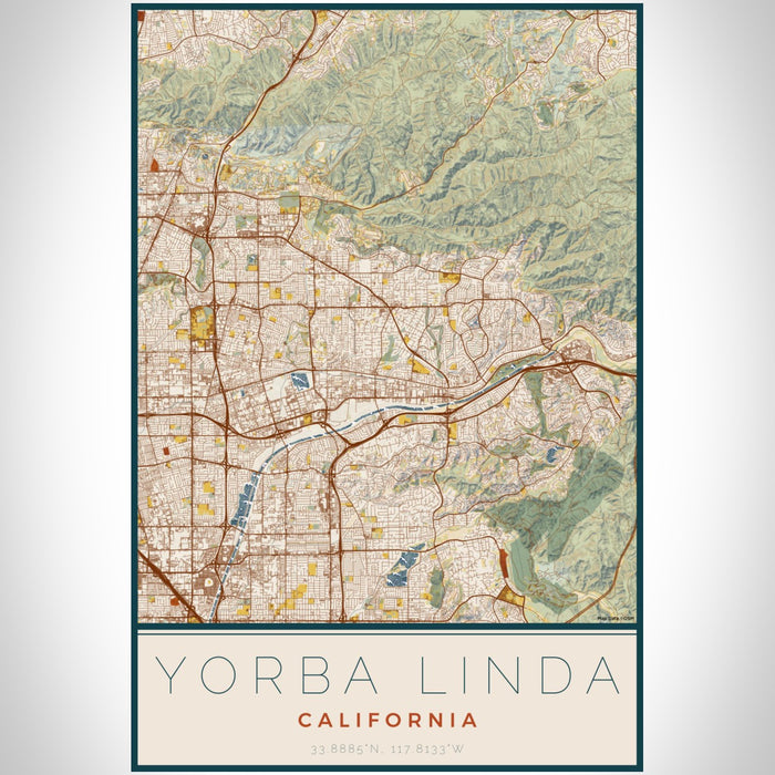 Yorba Linda California Map Print Portrait Orientation in Woodblock Style With Shaded Background