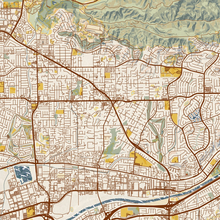 Yorba Linda California Map Print in Woodblock Style Zoomed In Close Up Showing Details
