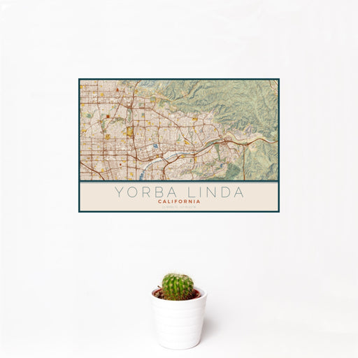 12x18 Yorba Linda California Map Print Landscape Orientation in Woodblock Style With Small Cactus Plant in White Planter