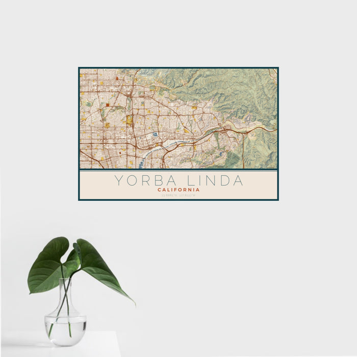 16x24 Yorba Linda California Map Print Landscape Orientation in Woodblock Style With Tropical Plant Leaves in Water