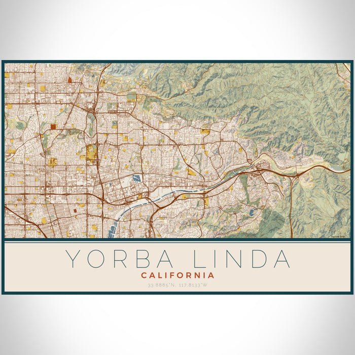 Yorba Linda California Map Print Landscape Orientation in Woodblock Style With Shaded Background