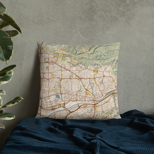 Custom Yorba Linda California Map Throw Pillow in Woodblock on Bedding Against Wall
