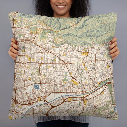 Person holding 22x22 Custom Yorba Linda California Map Throw Pillow in Woodblock