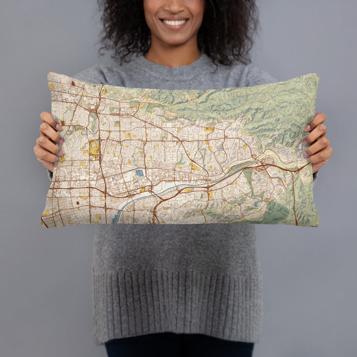 Person holding 20x12 Custom Yorba Linda California Map Throw Pillow in Woodblock