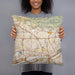 Person holding 18x18 Custom Yorba Linda California Map Throw Pillow in Woodblock
