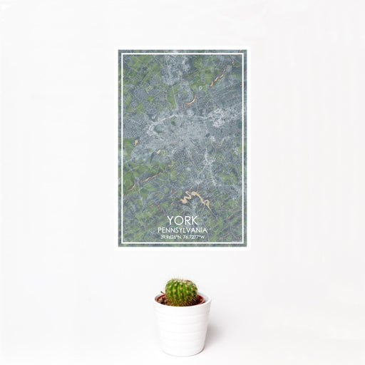 12x18 York Pennsylvania Map Print Portrait Orientation in Afternoon Style With Small Cactus Plant in White Planter