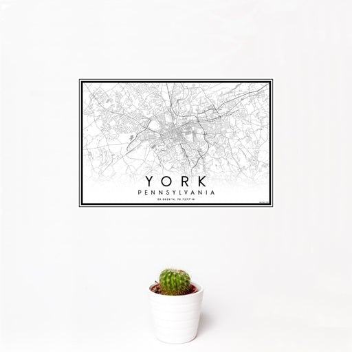 12x18 York Pennsylvania Map Print Landscape Orientation in Classic Style With Small Cactus Plant in White Planter