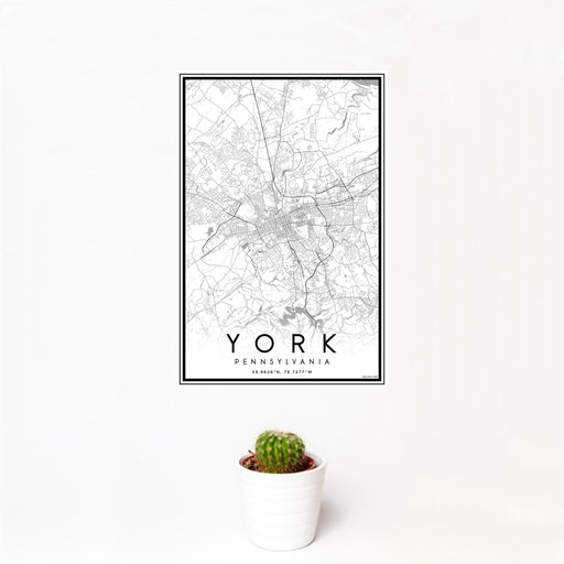 12x18 York Pennsylvania Map Print Portrait Orientation in Classic Style With Small Cactus Plant in White Planter