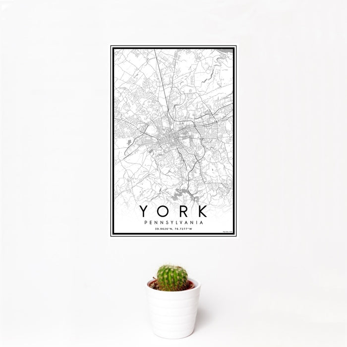 12x18 York Pennsylvania Map Print Portrait Orientation in Classic Style With Small Cactus Plant in White Planter