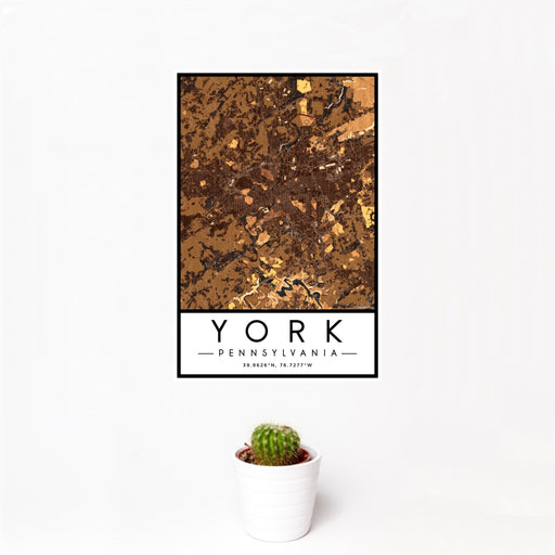 12x18 York Pennsylvania Map Print Portrait Orientation in Ember Style With Small Cactus Plant in White Planter