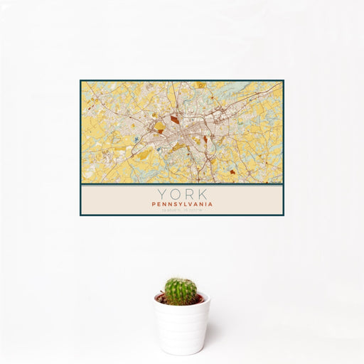 12x18 York Pennsylvania Map Print Landscape Orientation in Woodblock Style With Small Cactus Plant in White Planter