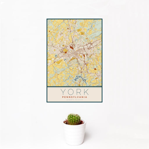 12x18 York Pennsylvania Map Print Portrait Orientation in Woodblock Style With Small Cactus Plant in White Planter
