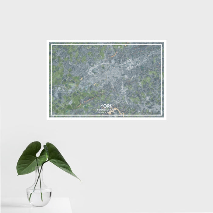 16x24 York Pennsylvania Map Print Landscape Orientation in Afternoon Style With Tropical Plant Leaves in Water