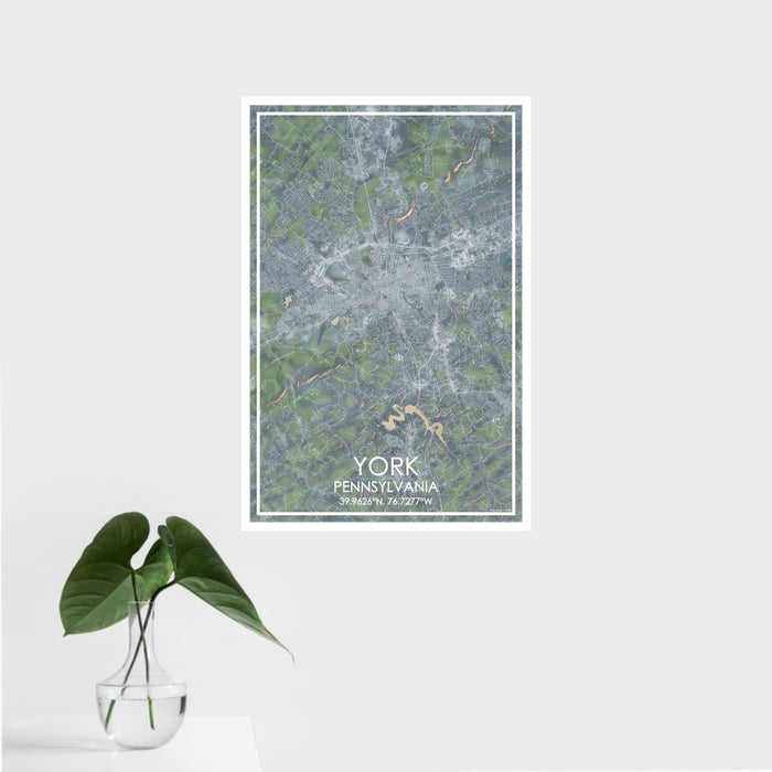 16x24 York Pennsylvania Map Print Portrait Orientation in Afternoon Style With Tropical Plant Leaves in Water