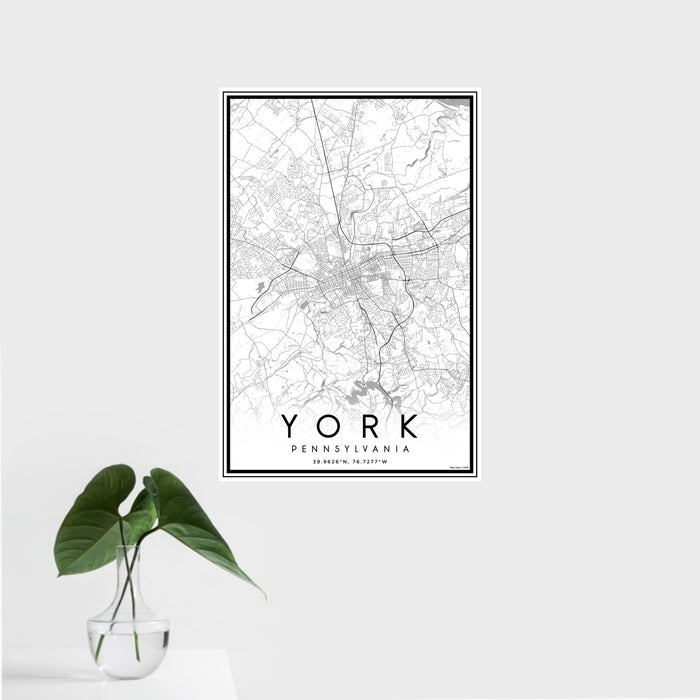 16x24 York Pennsylvania Map Print Portrait Orientation in Classic Style With Tropical Plant Leaves in Water