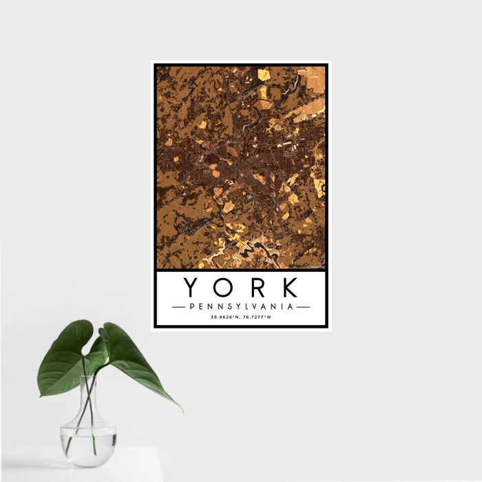 16x24 York Pennsylvania Map Print Portrait Orientation in Ember Style With Tropical Plant Leaves in Water