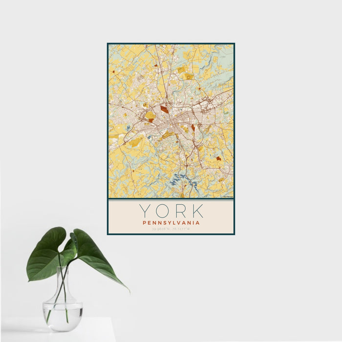 16x24 York Pennsylvania Map Print Portrait Orientation in Woodblock Style With Tropical Plant Leaves in Water