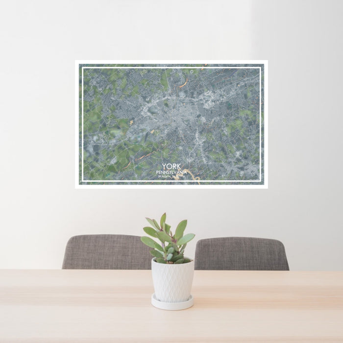 24x36 York Pennsylvania Map Print Lanscape Orientation in Afternoon Style Behind 2 Chairs Table and Potted Plant