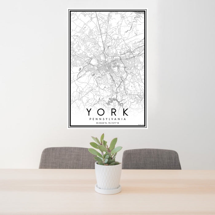 24x36 York Pennsylvania Map Print Portrait Orientation in Classic Style Behind 2 Chairs Table and Potted Plant
