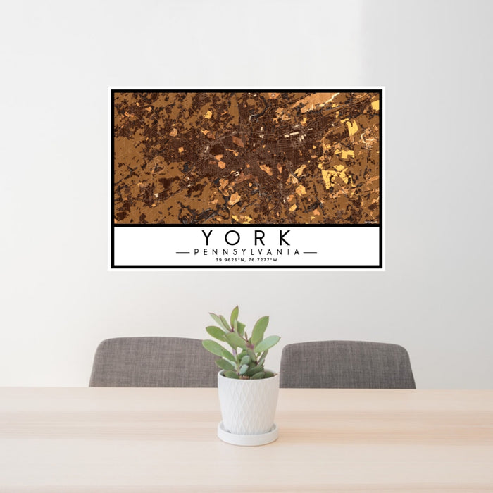24x36 York Pennsylvania Map Print Lanscape Orientation in Ember Style Behind 2 Chairs Table and Potted Plant