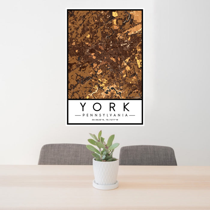 24x36 York Pennsylvania Map Print Portrait Orientation in Ember Style Behind 2 Chairs Table and Potted Plant