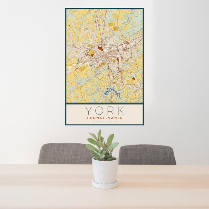 24x36 York Pennsylvania Map Print Portrait Orientation in Woodblock Style Behind 2 Chairs Table and Potted Plant