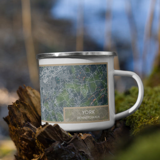 Right View Custom York Pennsylvania Map Enamel Mug in Afternoon on Grass With Trees in Background