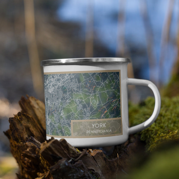 Right View Custom York Pennsylvania Map Enamel Mug in Afternoon on Grass With Trees in Background