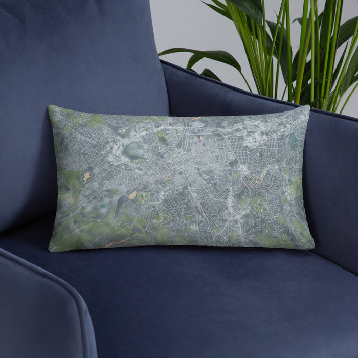 Custom York Pennsylvania Map Throw Pillow in Afternoon on Blue Colored Chair