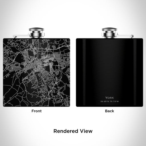 Rendered View of York Pennsylvania Map Engraving on 6oz Stainless Steel Flask in Black