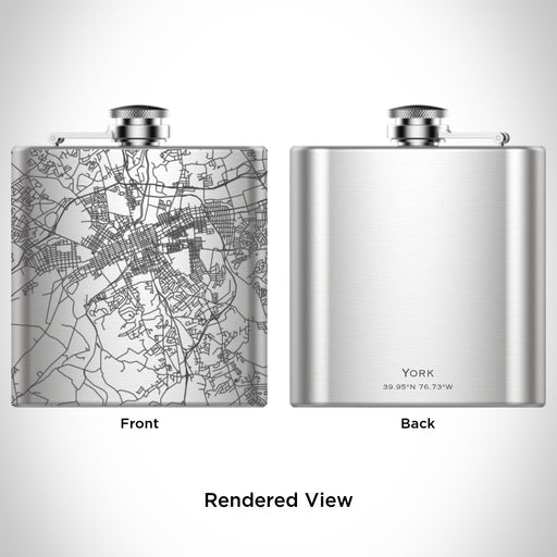 Rendered View of York Pennsylvania Map Engraving on 6oz Stainless Steel Flask