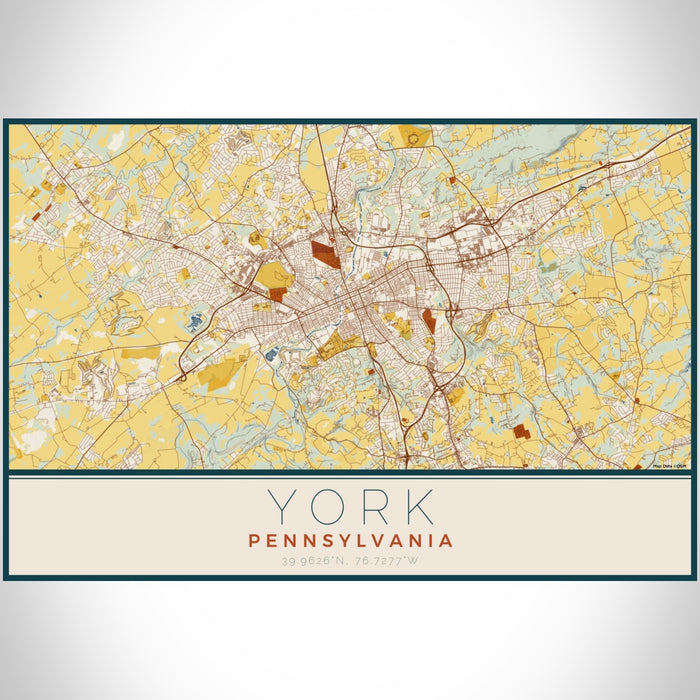 York Pennsylvania Map Print Landscape Orientation in Woodblock Style With Shaded Background