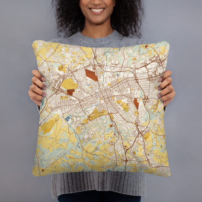 Person holding 18x18 Custom York Pennsylvania Map Throw Pillow in Woodblock