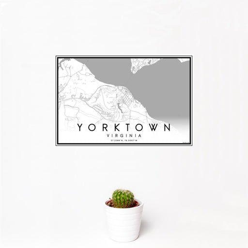 12x18 Yorktown Virginia Map Print Landscape Orientation in Classic Style With Small Cactus Plant in White Planter