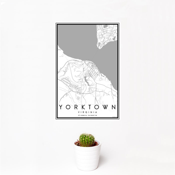 12x18 Yorktown Virginia Map Print Portrait Orientation in Classic Style With Small Cactus Plant in White Planter