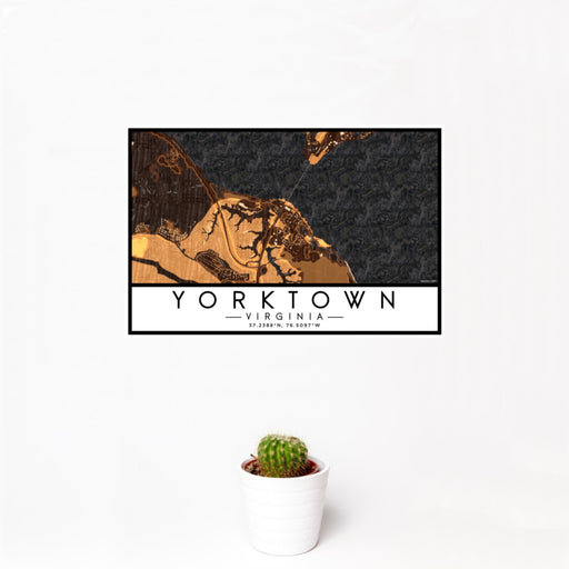 12x18 Yorktown Virginia Map Print Landscape Orientation in Ember Style With Small Cactus Plant in White Planter